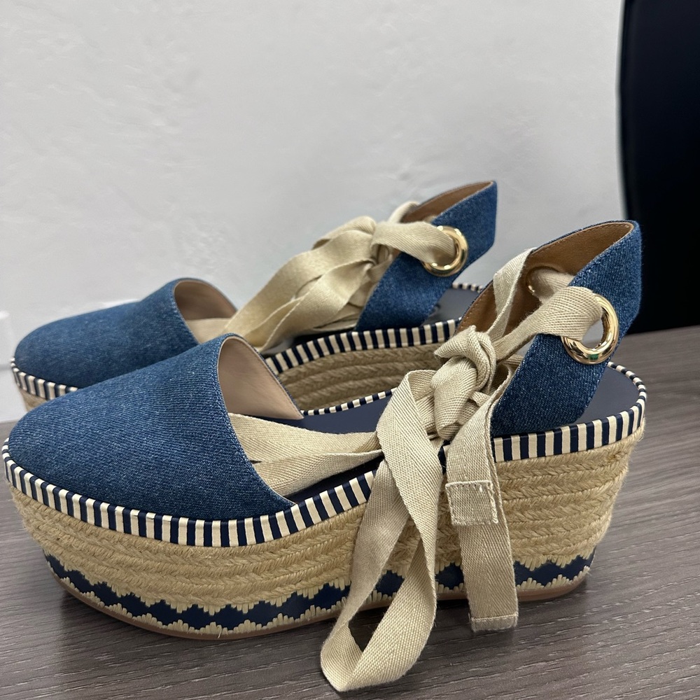 Tory Burch Dandy denim blue ankle wrap